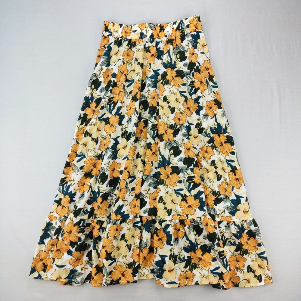 SHEIN Maxi Skirt Women 6 Medium Orange Floral Tiered Ruffle Boho Tropical A-Line